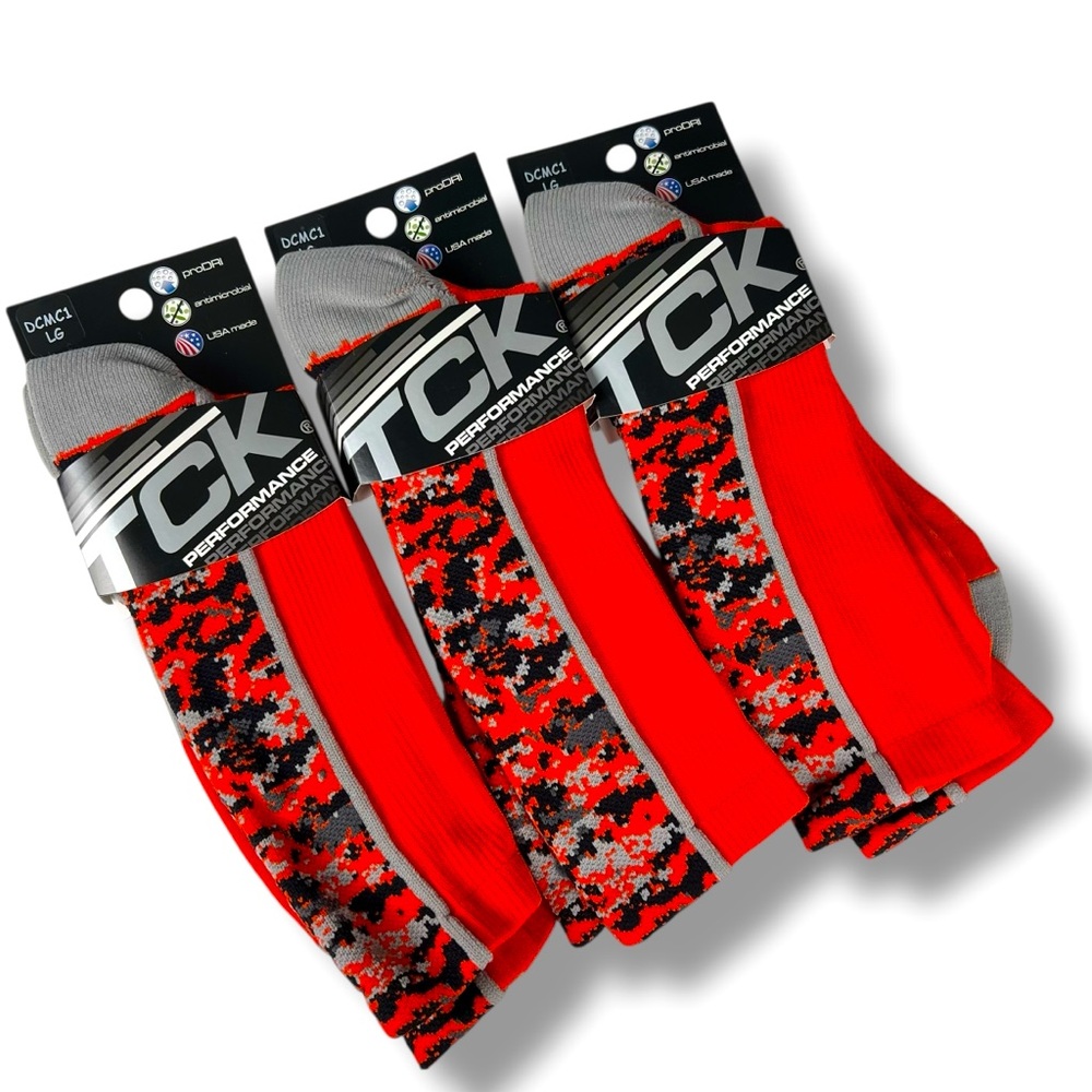 TCK Performance Orange Gray Digital Camo Crew Socks Size‎ Large New 3 Pair